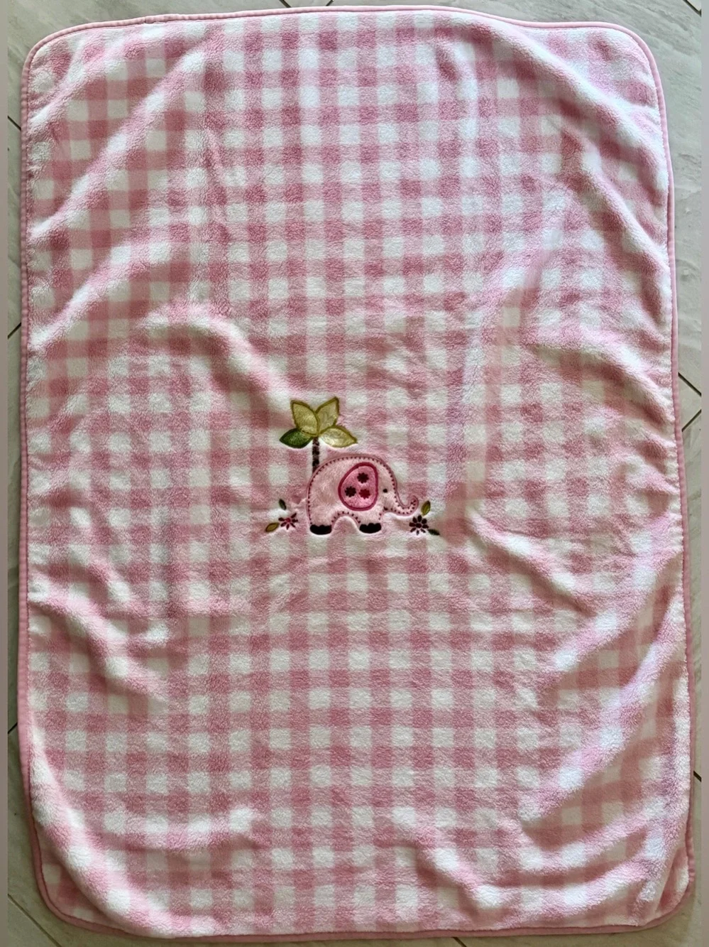 Pink Gingham Baby Blanket Embroidered Elephant Plush Fleece Nursery